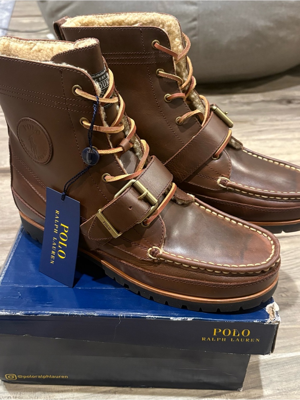 New Polo Ralph Lauren Ranger Sherpa Boots Men's 10D Brown Leather Buckle